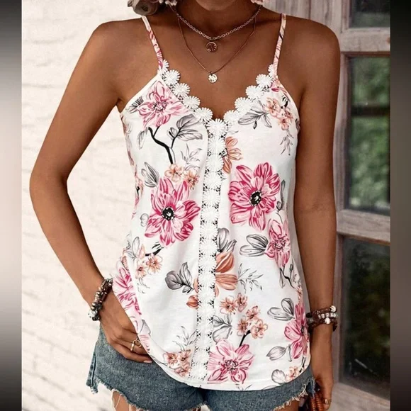 Boho Floral Lace Print Cami Top Blouse Shirt White - Picture 5 of 6